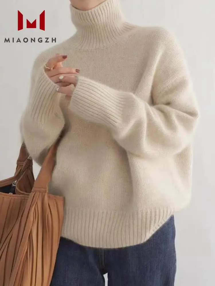 Women's 2024 Knitted Sweaters Turtleneck Thick Autumn Winter New Loose Fashion Long Sleeve Solid Color Casual Chunky Pullover