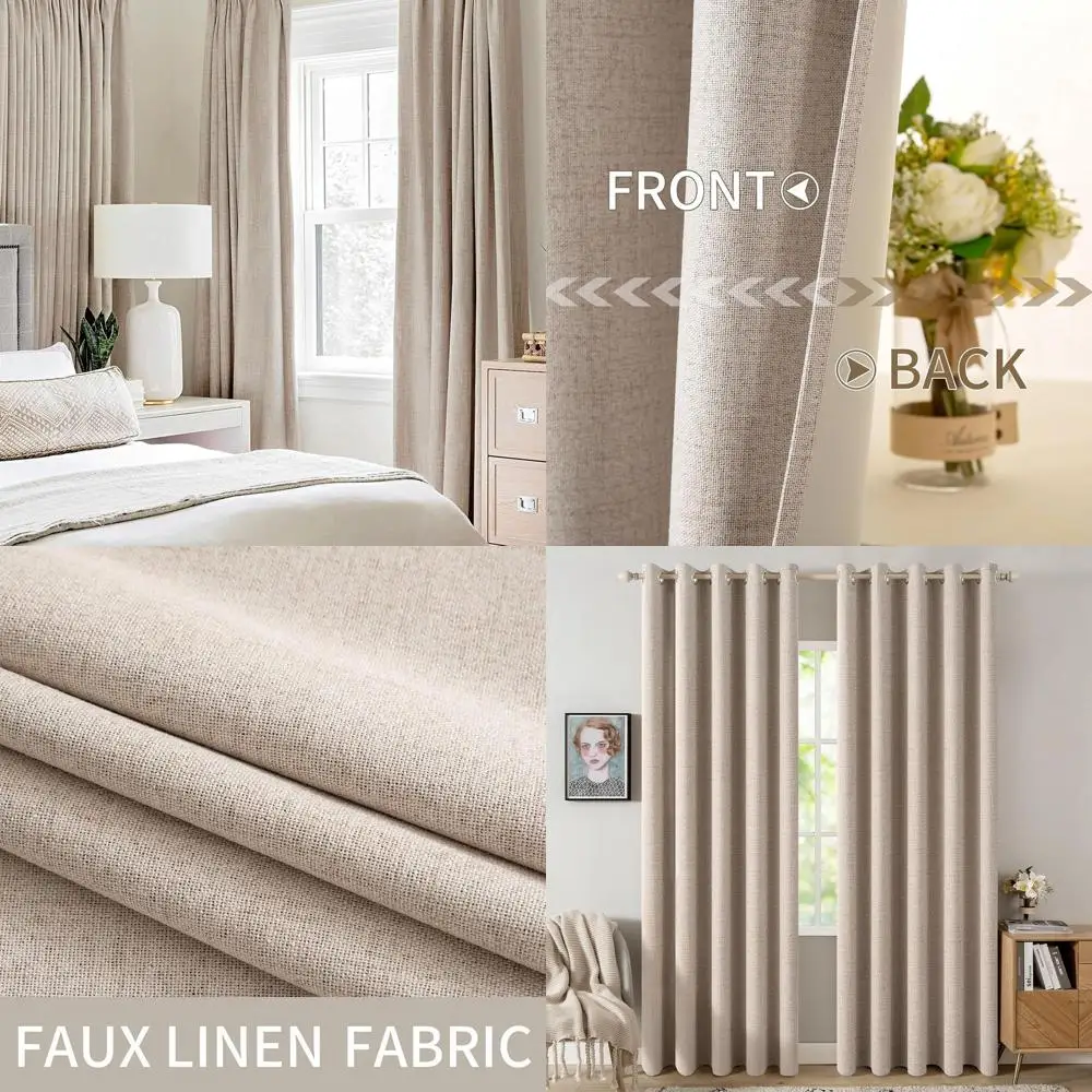 

Лляные шторы с термоизоляцией, 62x84 бежевого цвета, комплект из 2 панелей для спальни и гостиной, натуральный бежевый стиль с люверсами