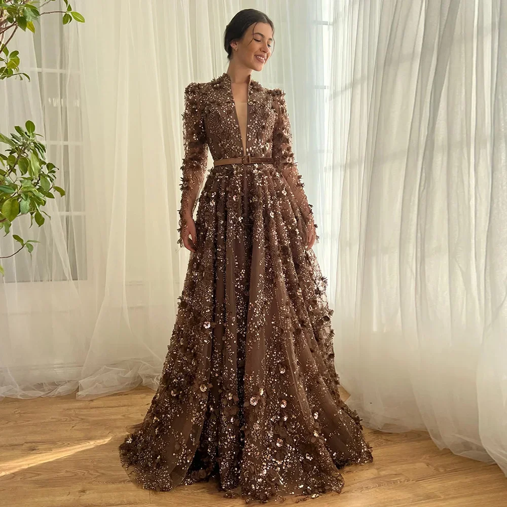 

Brown Long Sleeved Applique Evening Gown Elegant Long Sleeved Deep V-neck A-line Floor Length Skirt Party Dance Dress Custom