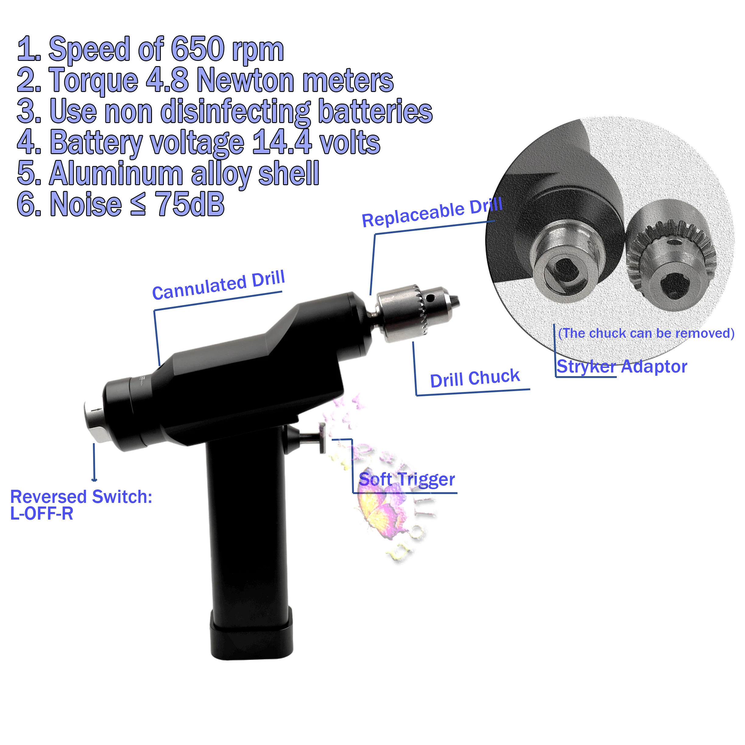 Electric Cannulated Drill Orthopedic Power Drill Tool  for Trauma Autoclavable Orthopedic Veterinary Surgical Instrument