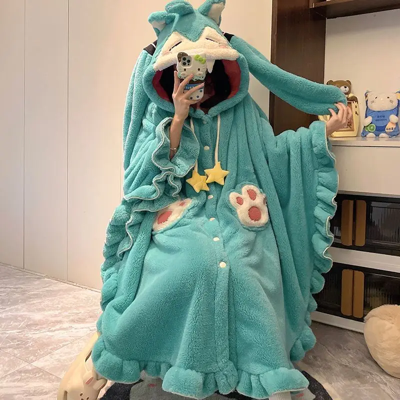 

2026 новая коралловая бархатная домашняя одежда с рукавами «летучая мышь» с героями мультфильмов, плащ Mi-ku Kawaii, зимняя новая бархатная утолщенная ночная рубашка для девочек, женская