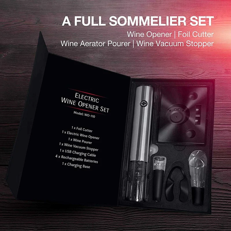 Electric Wine Opener Set Rechargeable Batteries And USB Charging Cable Electric Corkscrew Opener With Foil Cutter
