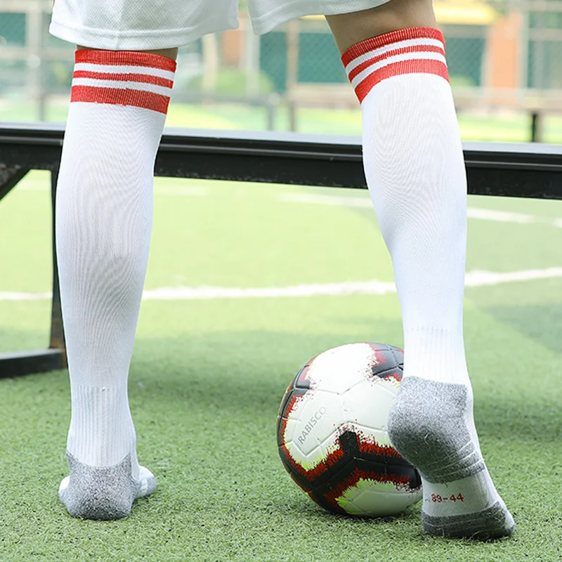 Calcetines de fútbol de rayas blancas y negras para hombres, adolescentes, niños, niños, sobre la pantorrilla, béisbol, Rugby, calcetines atléticos