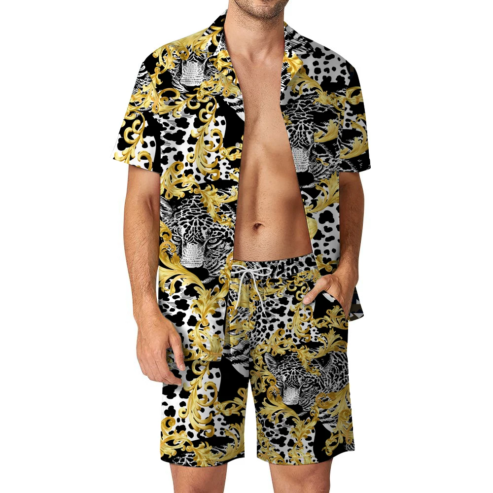 Luxurious and handsome men\'s Hawaiian beach set, short sleeved shirt and shorts, casual summer vacation travel set