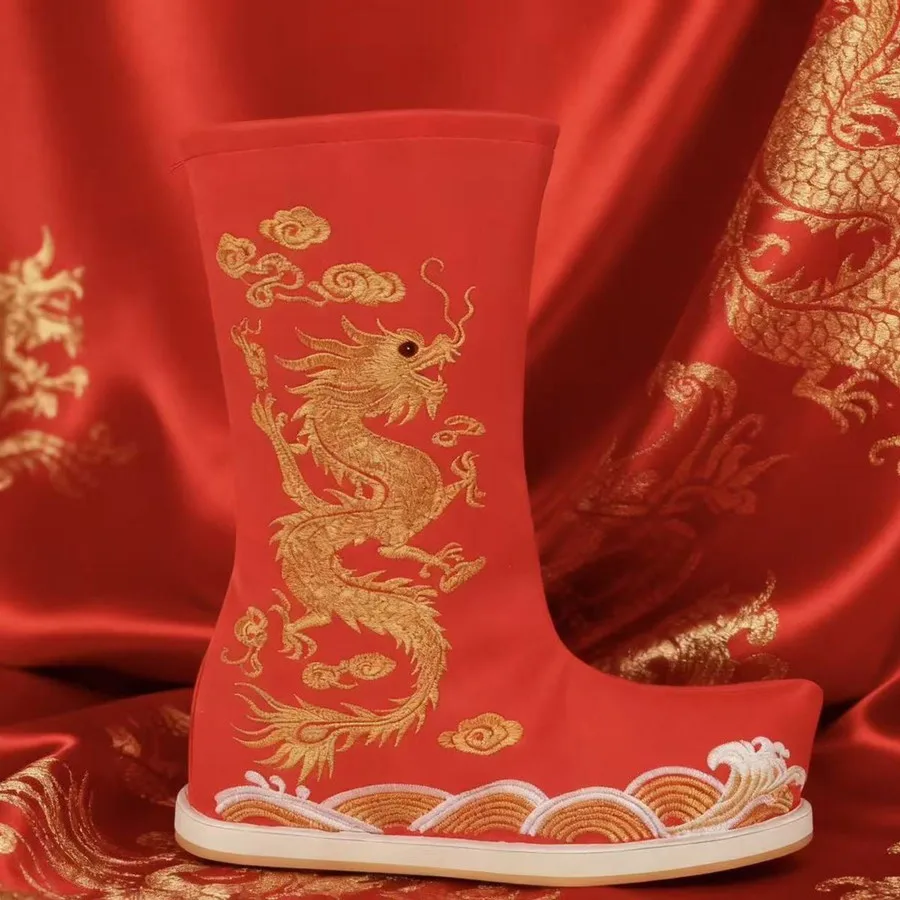 أحمر أسود خمر التنين الصيني فينيكس الأحذية للجنسين الرجعية Hanfu تأثيري اكسسوارات المحارب المبارز الإمبراطور الأحذية
