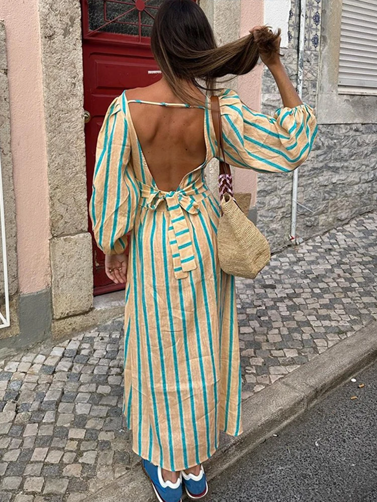 Casual Striped Lantern Sleeve Long Dress Women Fashion O-neck Backless Lace Up Female Dresses 2024 Summer Lady Holiday Robes New