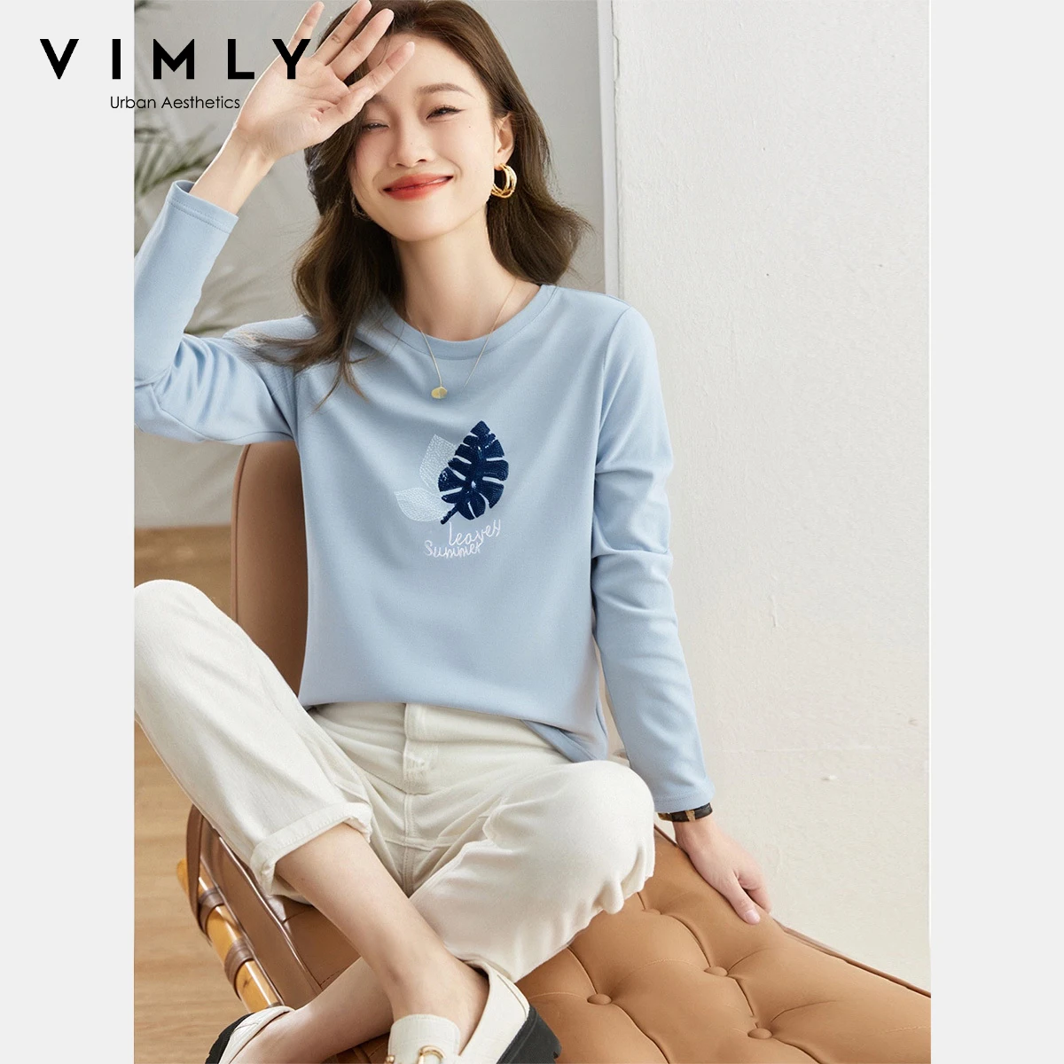 

VIMLY Woman Fashion Long Sleeve T-shirts Round Neck Autumn 2025 Casual Floral Embroidered Tees Loose Knitted Female Tops A2960