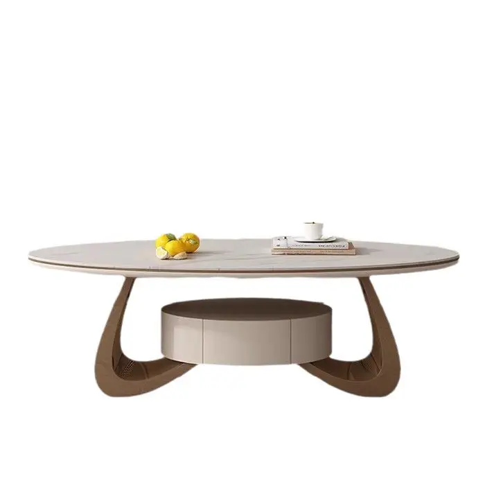 

Light luxury living room with drawer coffee table household Italian small apartment simple oval rock slab tea table