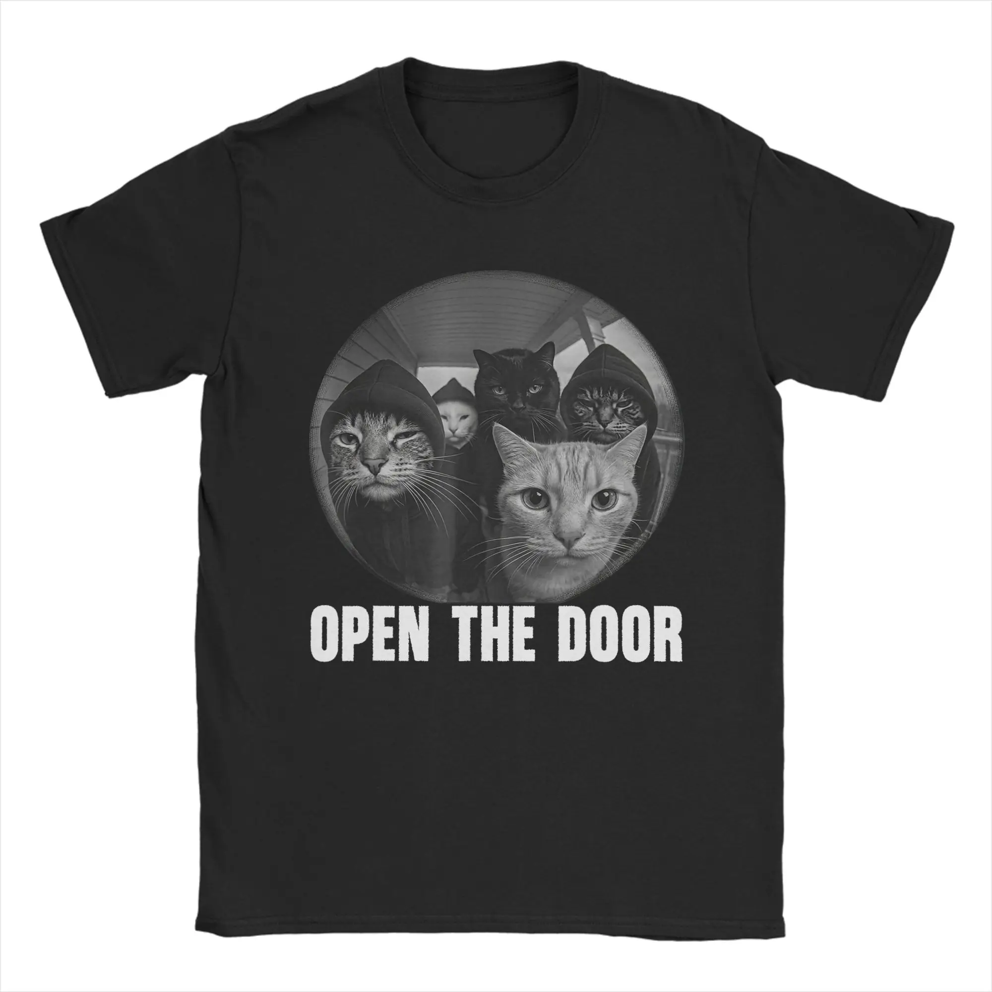 Couple T-Shirt Funny Cats Open The Door Meme T Shirts Fashion  Summer Tees Awesome Custom Logo 100% Cotton Clothes Gift Idea