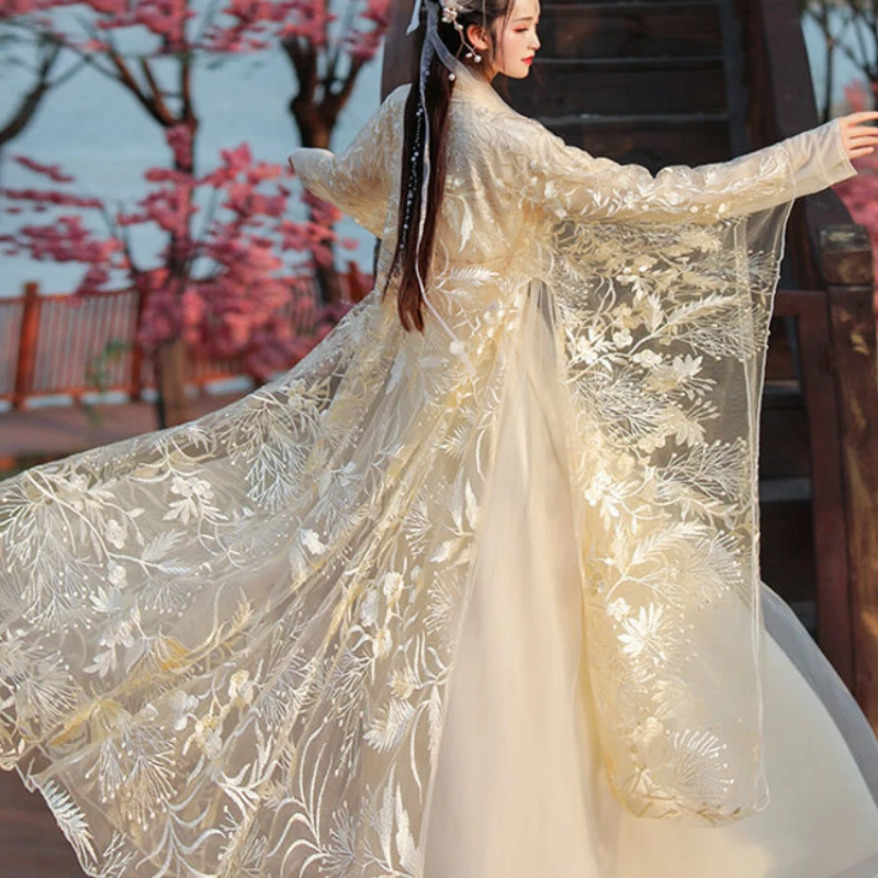 2022 Chinese Traditional Ethnic Hanfu Women's Ancient Dress Summer Dress Lace Embroidery Princess Dress