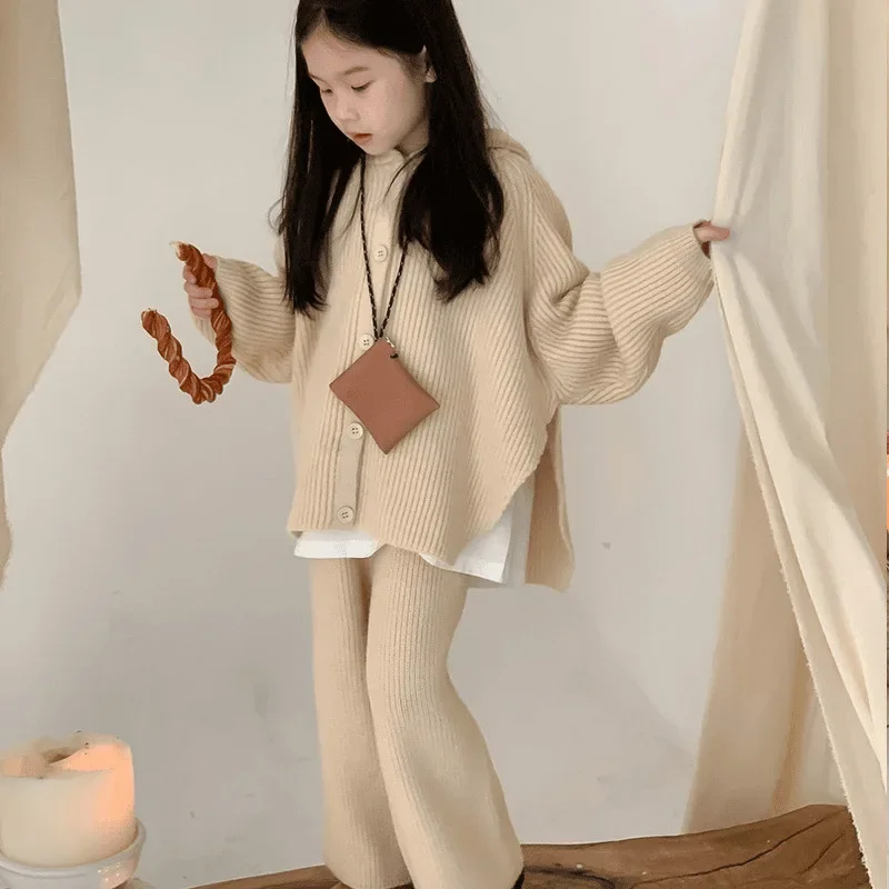 

Girls' Spring Autumn Winter New Korean Style Solid Color Knitted Thickened Hooded Top and Woolen Long Pants Two-Piece Set