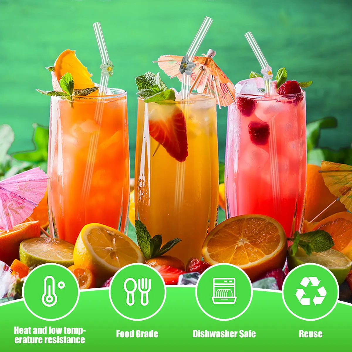 6Pcs Drinking Straws Clear Glass Drinking Staws with Cleaning Brush Cute Flower Tortoise Straws Heat-Resistant Smoothie Straws