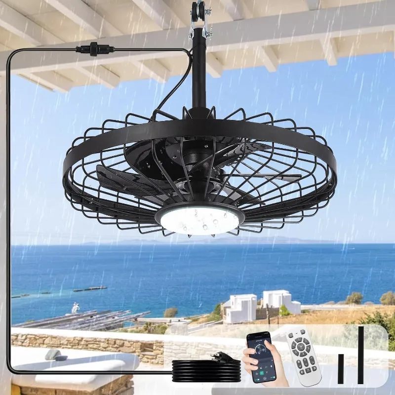 

Outdoor Ceiling Fan with Light: 20 Inch Waterproof Gazebo Fans with Lights Outdoor Hanging - Plug in Remote App Control