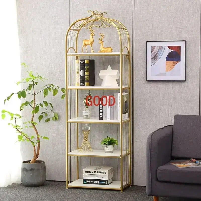 Storage rack, golden iron art living room storage rack, multi-layer floor to ceiling partition rack, bookshelf, light luxury