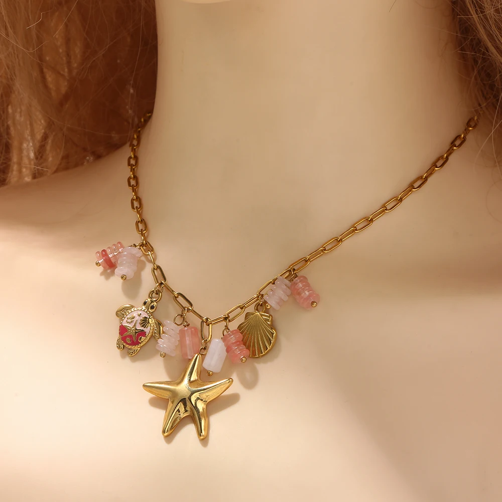 

SOVOB Romantic Pink Collection Natural Stone Star Pendant Necklaces Fashionable Women's & Girls' Water-Resistant Daily Jewelry