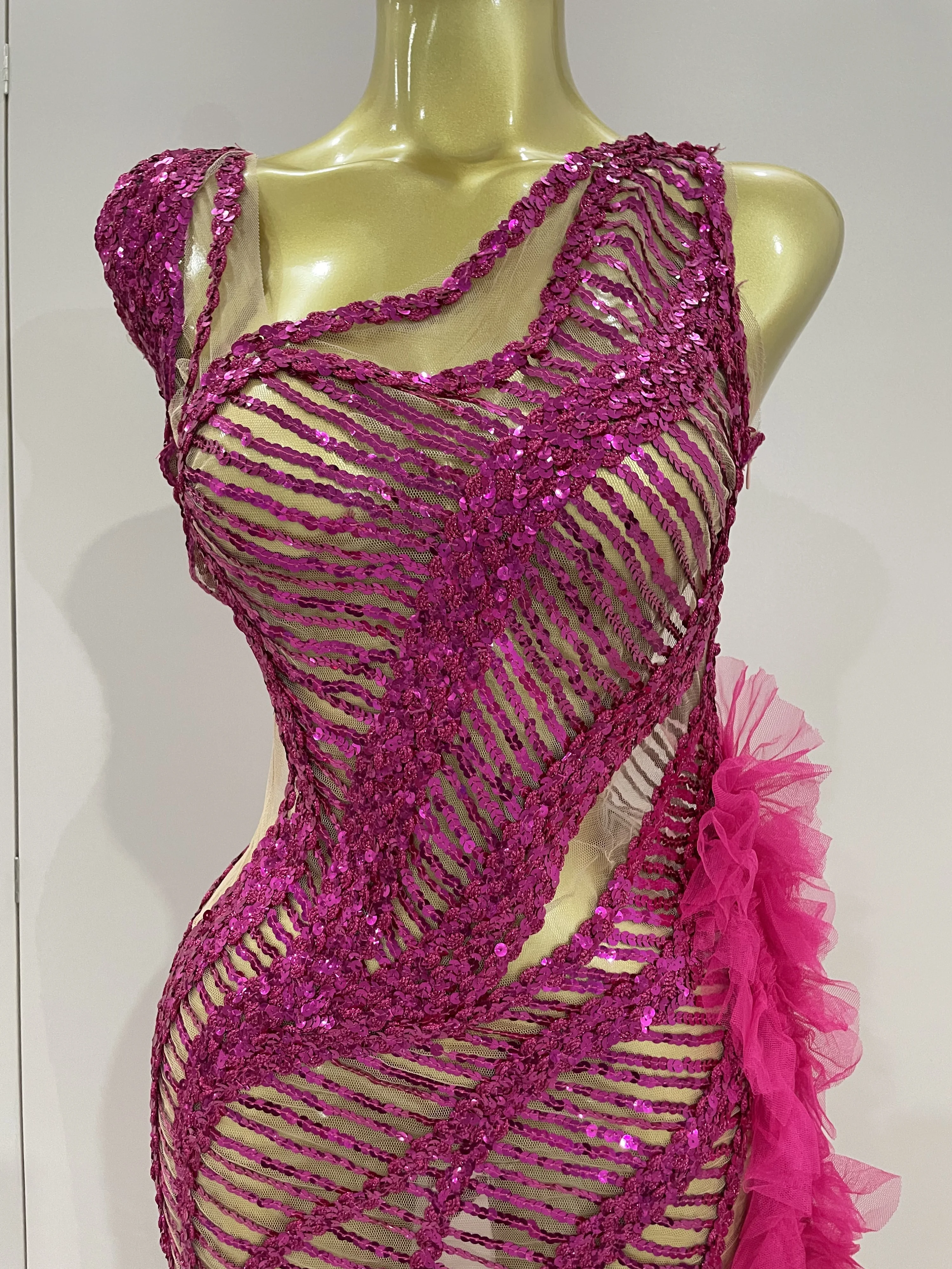 ประกายเลื่อมเซ็กซี่ตาข่ายซีทรูหางยาวชุดผู้หญิงงานแต่งงานฉลองชุดราตรีงานพรอมวันเกิดชุดไนท์คลับเครื่องแต่งกาย