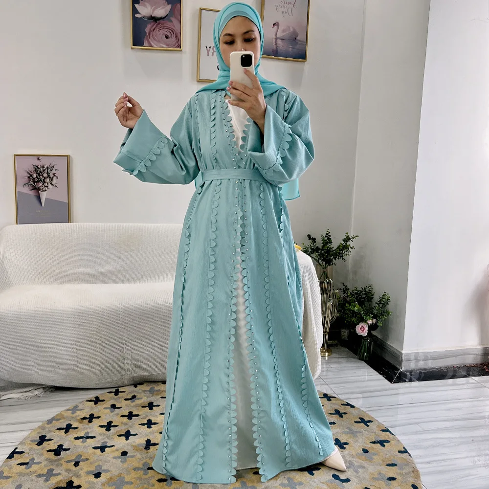 

Fashion Beading Open Abayas for Women Muslim Kimono Cardigan Islamic Jalabiya Belted Maxi Dress Arabic Robe Dubai Turkey Kaftan