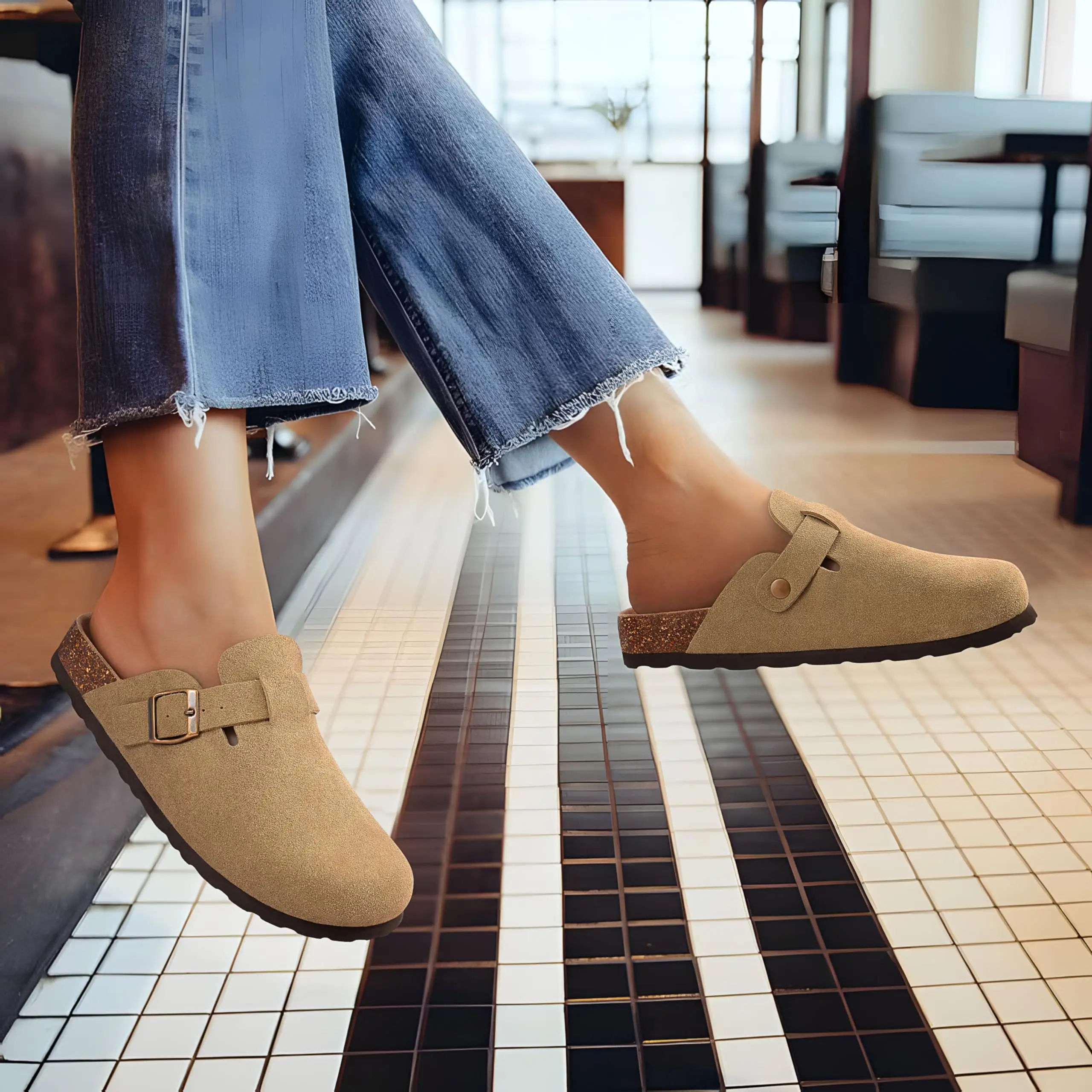 Shevalues Rutschfeste Unisex-Kartoffelschuhe mit Verstellbarer Schnalle, Korkfußbett, Veganen Wildleder-Clogs für Damen mit Fußgewölbestütze – Detail 23