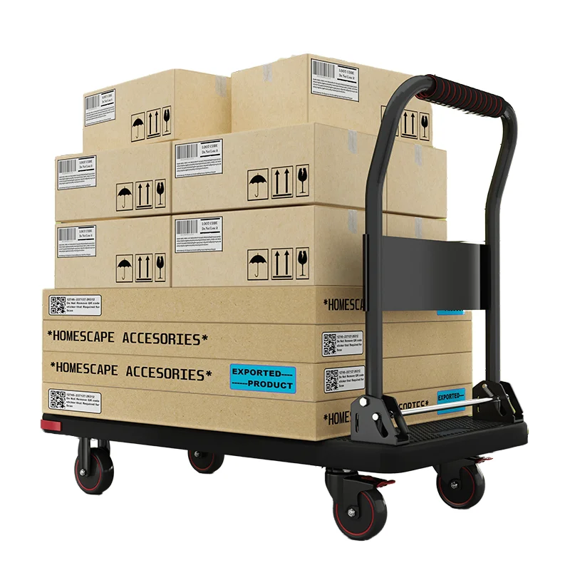 

Supermarket Warehouse 500KG Max Load Bearing Foldable Hand-Pulled Flatbed Courier Platform Trolley Brake Caster Made Plastic