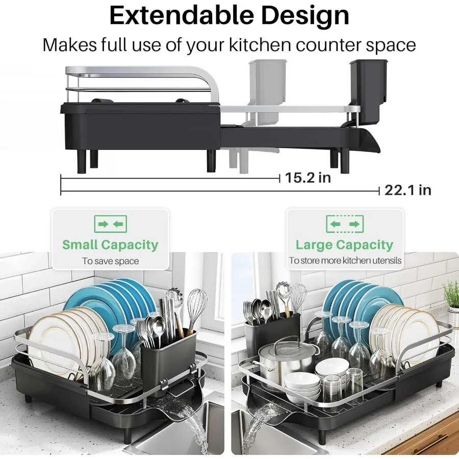 رف تجفيف الأطباق، رف أطباق قابل للتوسيع لطاولة المطبخ، مصفاة أطباق من الفولاذ المقاوم للصدأ مع مجموعة ألواح تصريف وحامل أواني