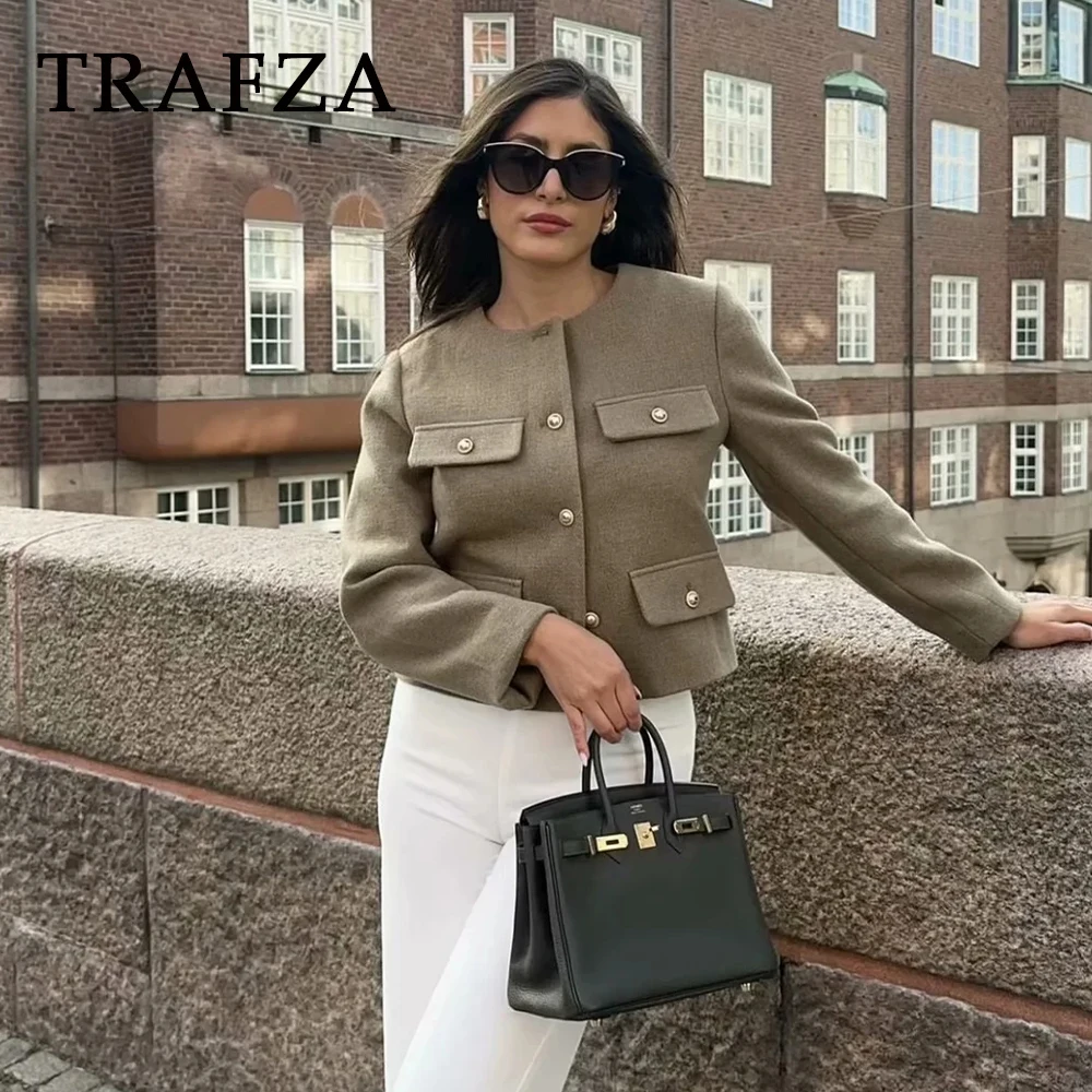 TRAFZA 2024 primavera Casual donna giacche corte moda Streetwear tasche solide O collo monopetto eleganti giacche corte Chic