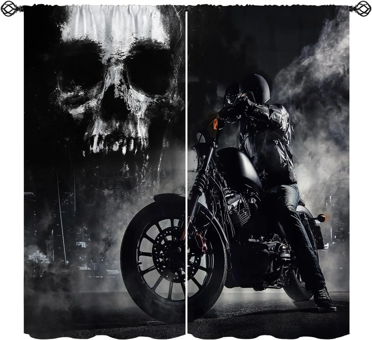 Retro-Motorradvorhänge, Horror-Totenkopf-Biker-Muster in Nebelschwarz, Fensterdekorationen mit Stangeneinschub, wärmeisolierende Vorhänge, 2-teilig