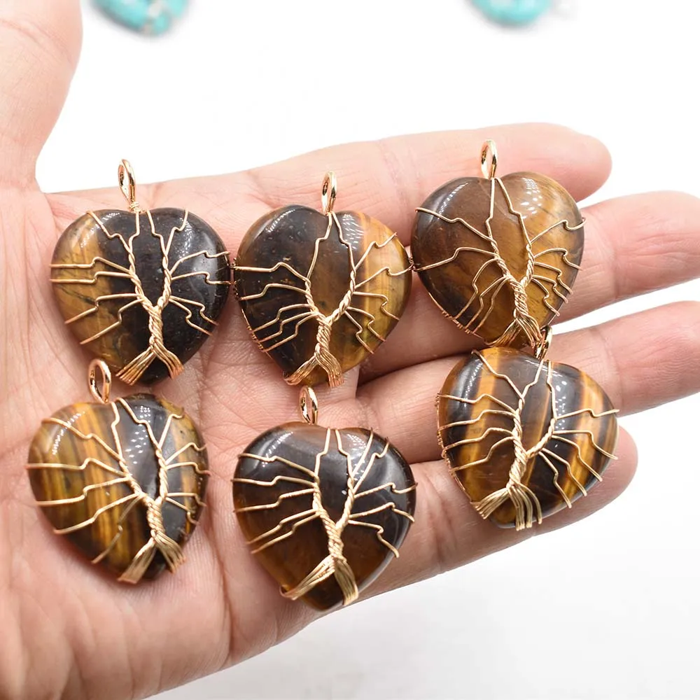 

Wholesale 6pcs/lot good quality white Color Wire Wrap handmade tree of life heart shape natural stone tiger eye stone pendants