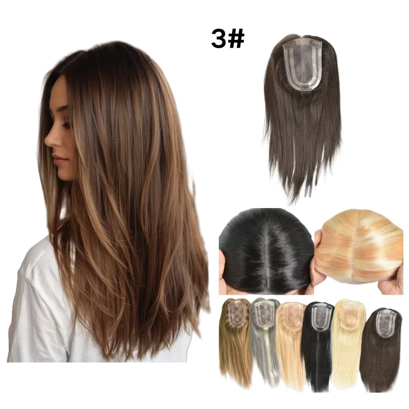 

Women Hair Topper 100% Human Hair Mono Pu Base Hand Tied 4x6inch 12inch Middle Part Hair Extensions