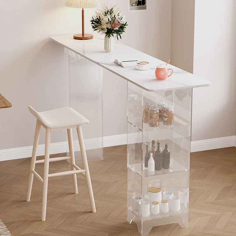 

Living room simple suspended rock slab bar counter against the wall long narrow table sofa backrest light luxury acrylic