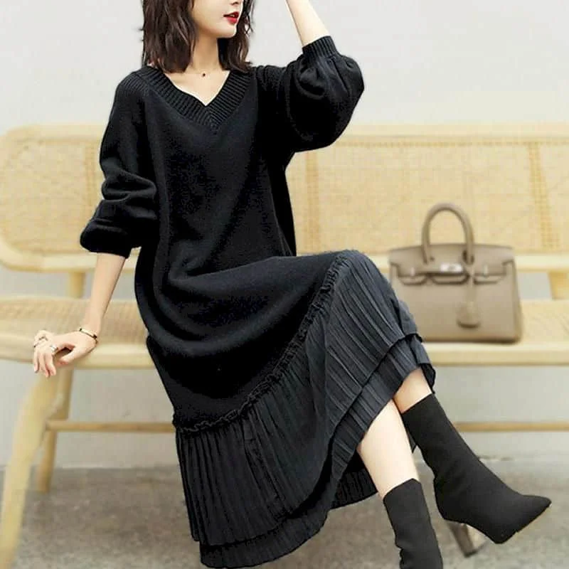 

2021 Autumn And Winter Long Over-the-knee Base Sweater Dress Fat Mm300 Catties Loose Oversized Lantern Sleeve Knitted Dress