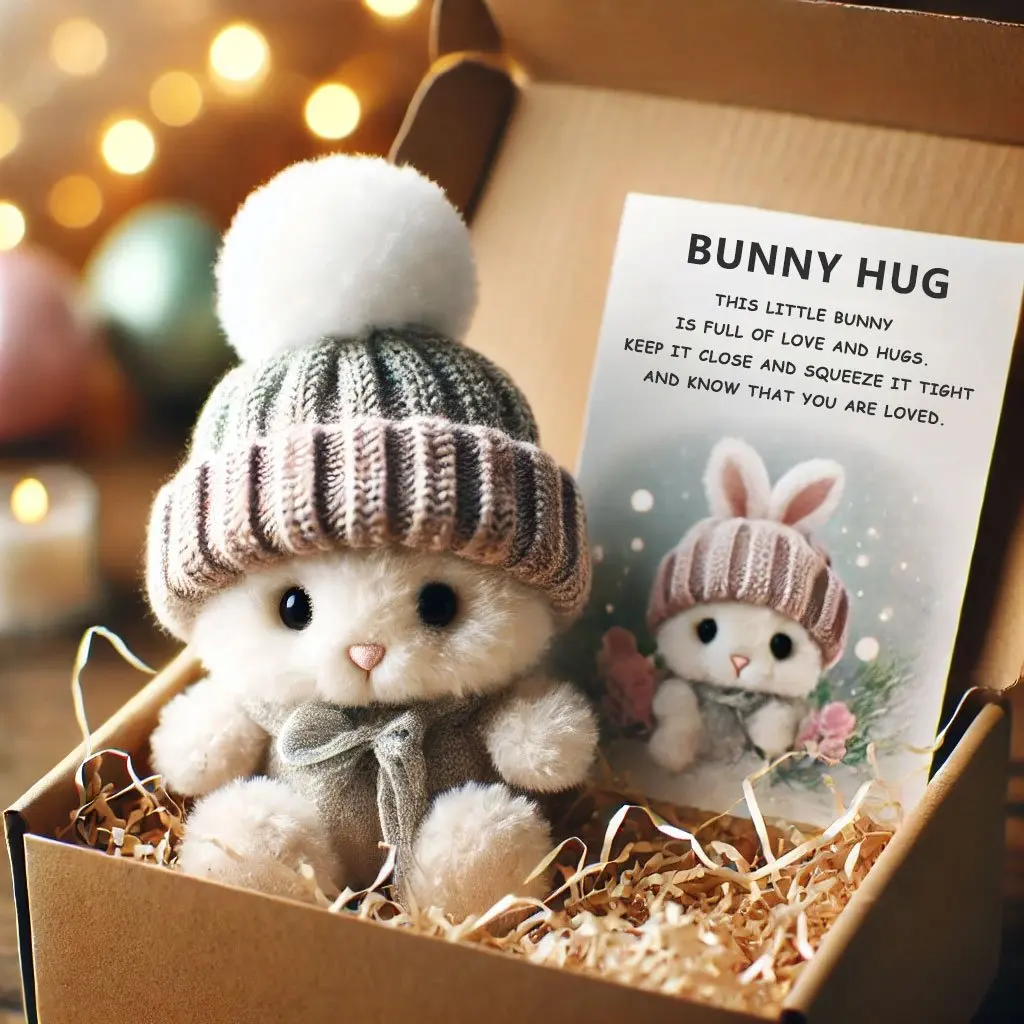 Mini Bunny Hug Süßes Ostergeschenk mit seinen gemütlichen Strickmütze und flauschigem Bommel