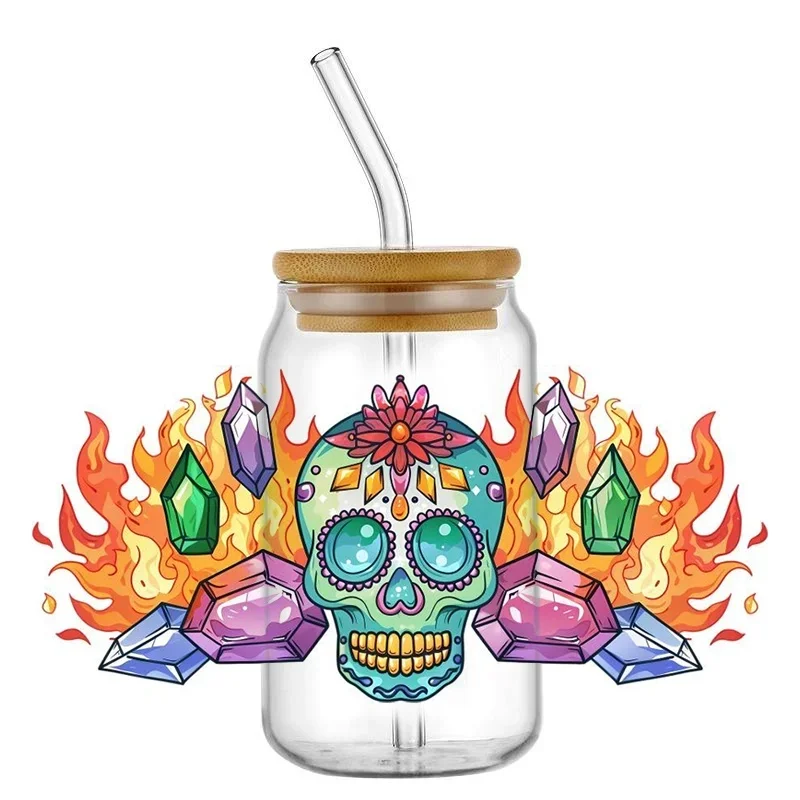16oz Popular Skull Pattern UV DTF Cup Wraps, Rub-On Waterproof Transfer Decals for Libbey Glass Cans and Bottles, Home Decor