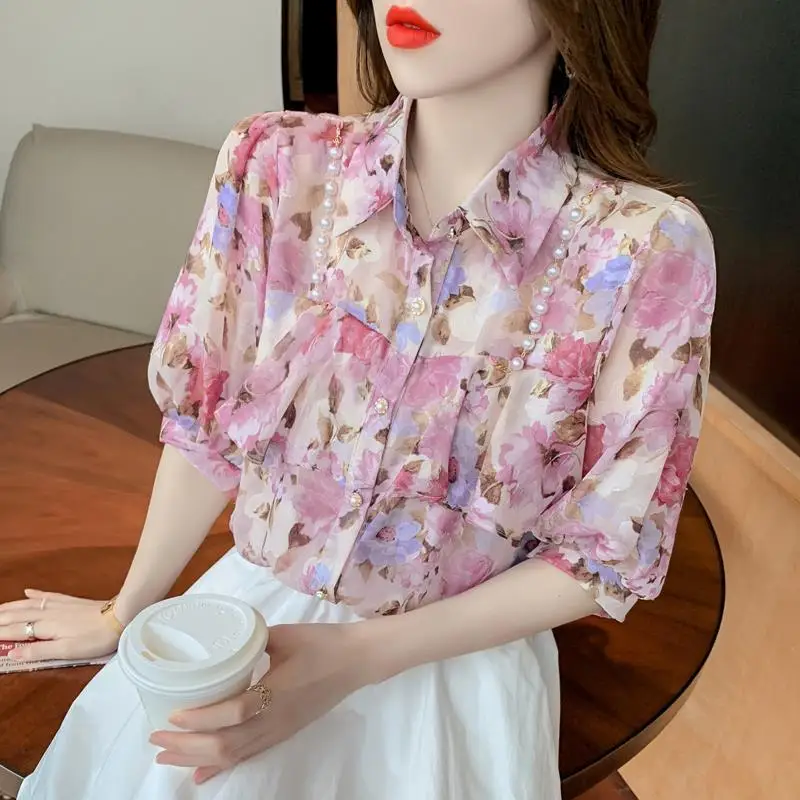 

Pearl Chain Ruffle Floral Chiffon Blouse