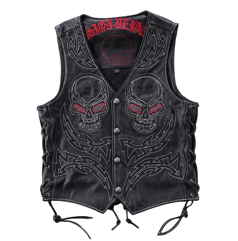 Black Four Seasons Skulls Embroidery Vest Men Sports Style Plus Size 5XL Genuine Natural Cowhide Single Breasted Leather Coat