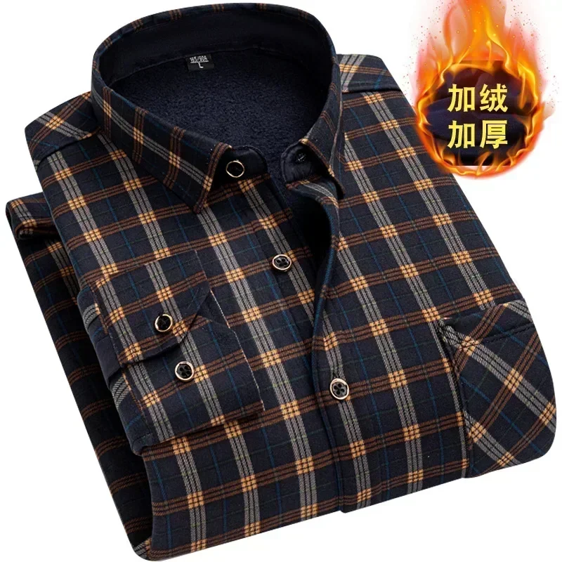 Herfst Winter Warme Geruite Shirts Voor Mannen Dik Fluwelen Shirt Met Lange Mouwen Tops Slim Casual Zakelijke Mannelijke Jas Dikke Warme Uitloper