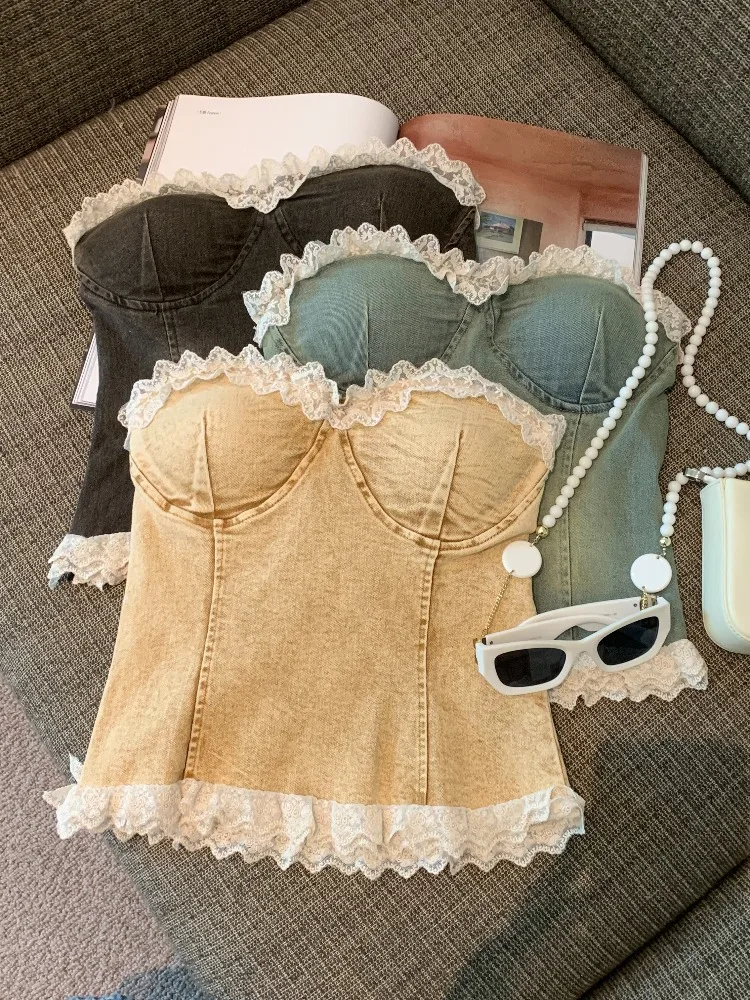

American Sle Sexy Lace Patchwork Tube Top Tank Women Summer New Pure Desire Sexy Slimming Base irt Top ort Length