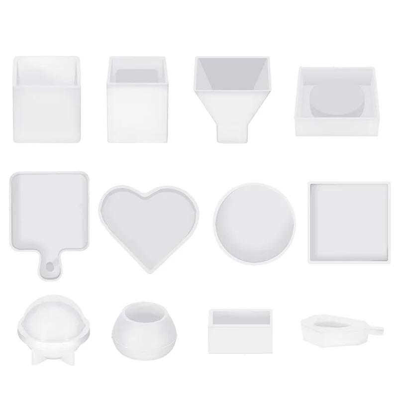 

AB47-Resin Molds Silicone Kit 12PCS Epoxy Resin Molds Resin Mold Silica Gel Including Pen Container, Tray, Love, Round