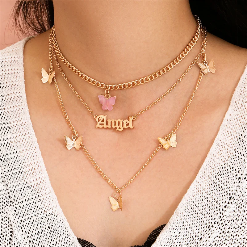 Multilayer Butterfly Necklaces Angel Pendants Clavicle Chain For Women Sweet Charm Choker Necklace 2024 Trend Aesthetic Jewelry