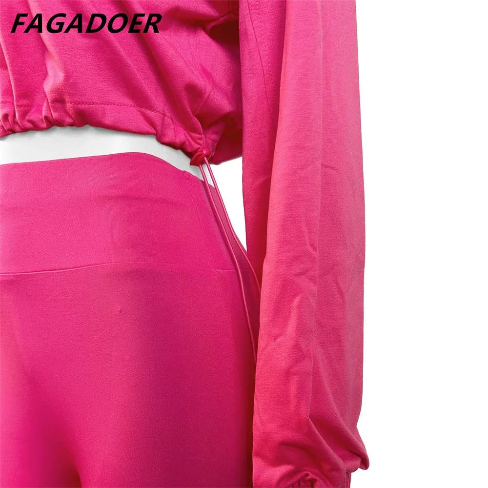 FAGADOER-أطقم من قطعتين للنساء ، بدلات رياضية غير رسمية ، أكمام طويلة ، توب برباط ، بنطلون نحيف ، ملابس أحادية اللون ، سحاب ، ملابس نسائية