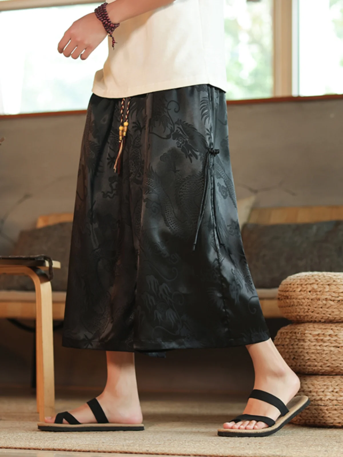 

New Chinese Sle Dragon Pattern Seven-Foot Pants Men's Summer Ice Silk Wide Leg Casual Pants Trendy Brand Large Size Sle E...