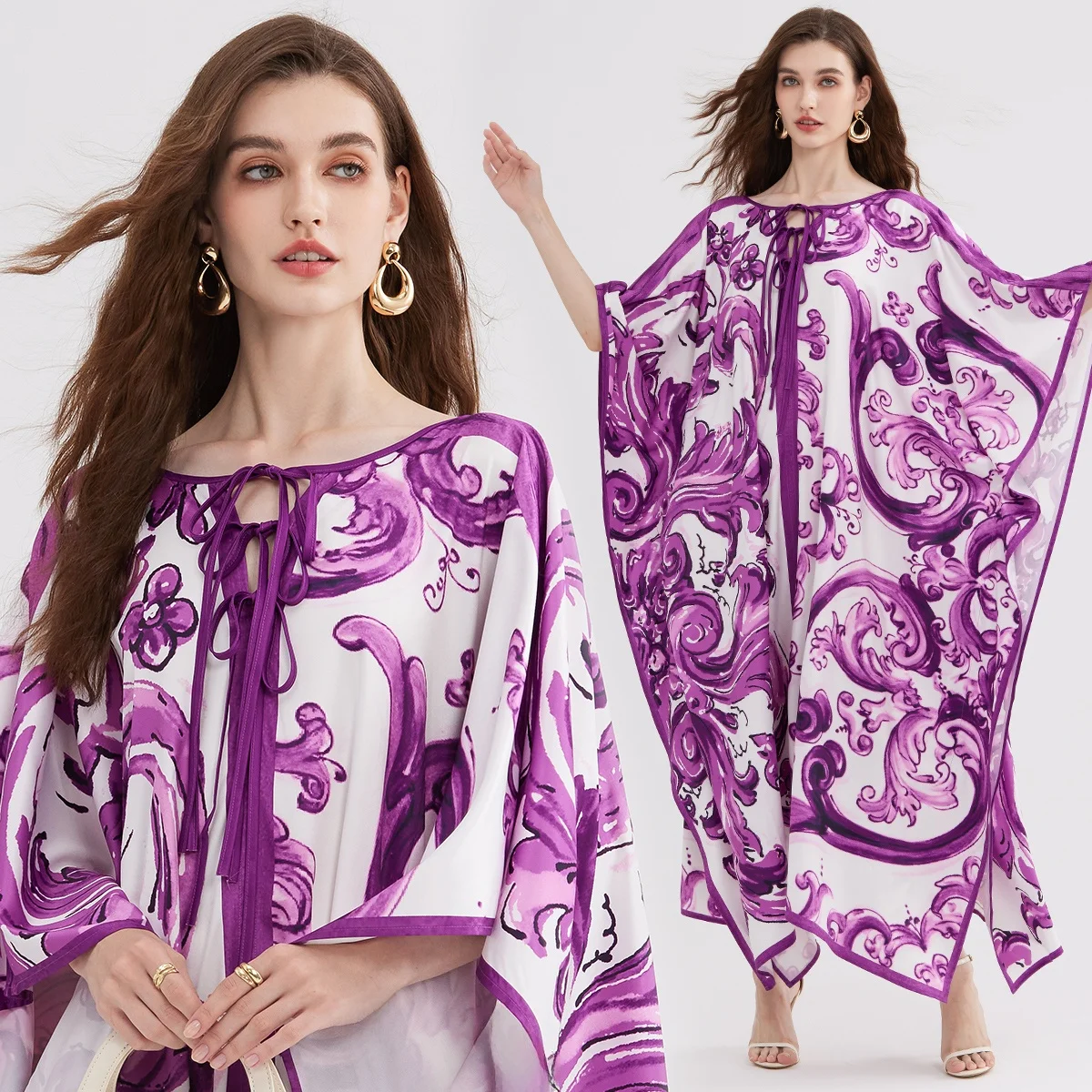 Summer New plus Size Purple Floral Print Dr with Bow Detail Loose A-Line Skirt Commute Sle Polyester Fabric Long Sve