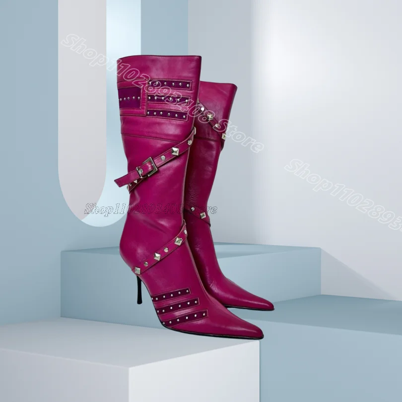 

Rose Red Rivet Decor Stiletto Boots Pointed Toe Side Zipper Design for Women Casual New Fashion Knee Boots Zapatos Para Mujere