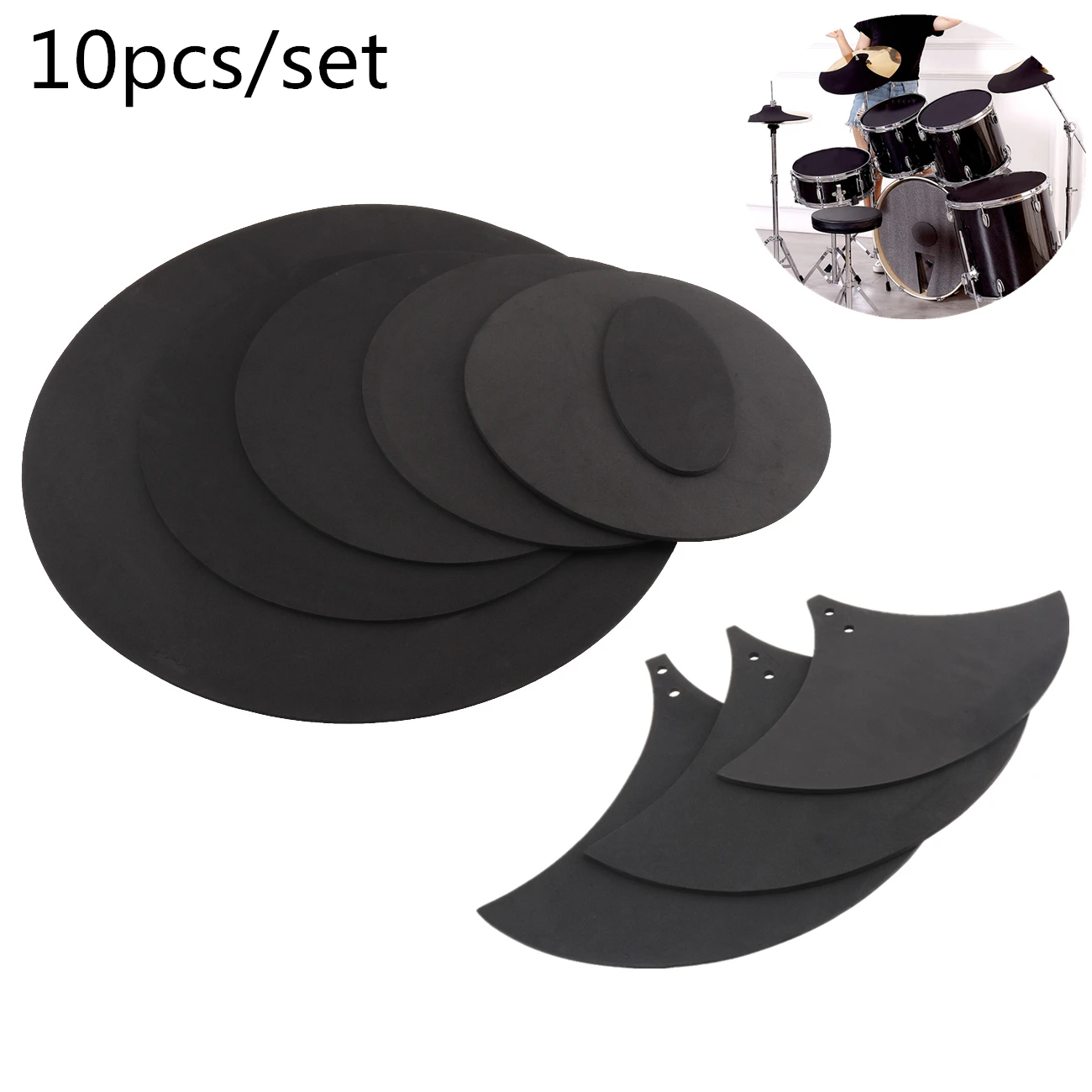 10pcs Rubber Foam Jazz Drum Mute 5 Drum and 3 Cymbal Sound Off Practice Pad Kit for Jazz Snare Electronic Dumb Drum  Exercise