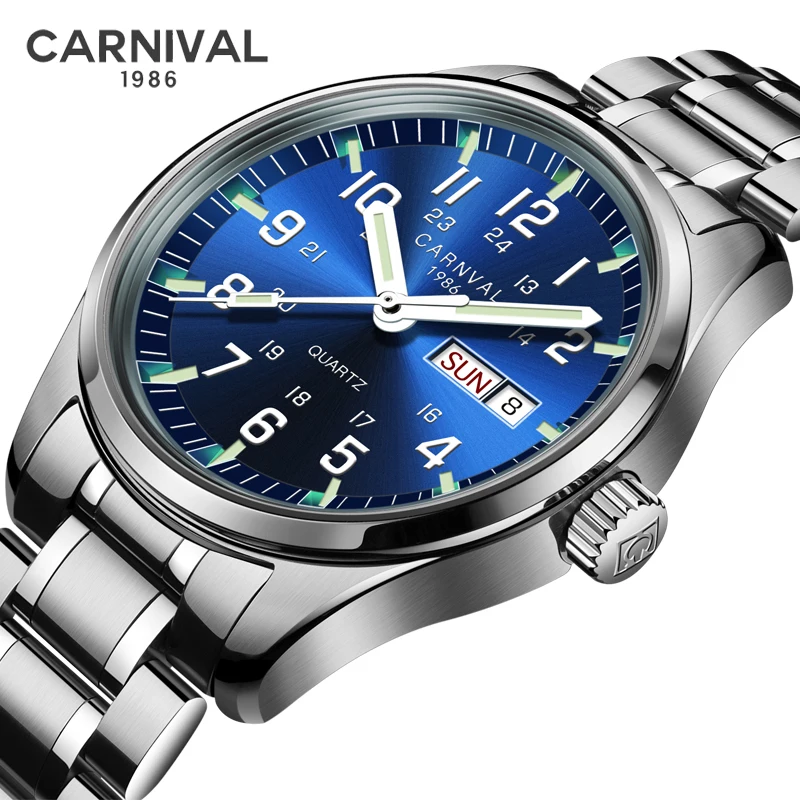 CARNIVAL Brand Watches Men Luminous Tube Waterproof Sport Men\'s Quartz Watch Man Stainless Steel Strap Reloj Hombre