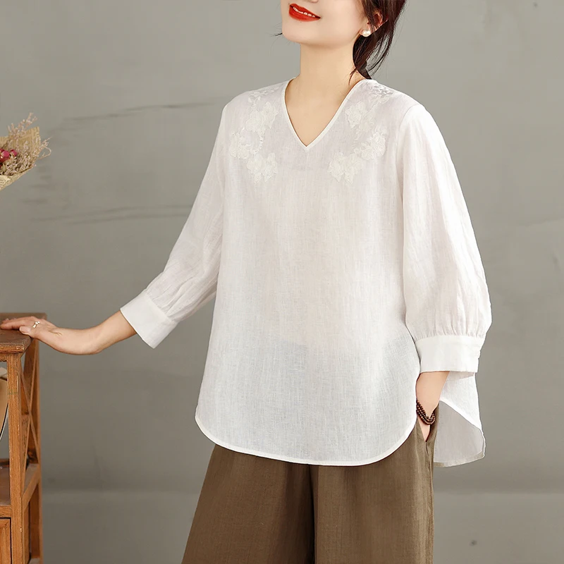

Элегантная белая рубашка из чистого льна с вышивкой, V-образным вырезом, тонкая, весенне-летняя, без рукавов, повседневный стиль, приталенный крой, весенняя рубашка