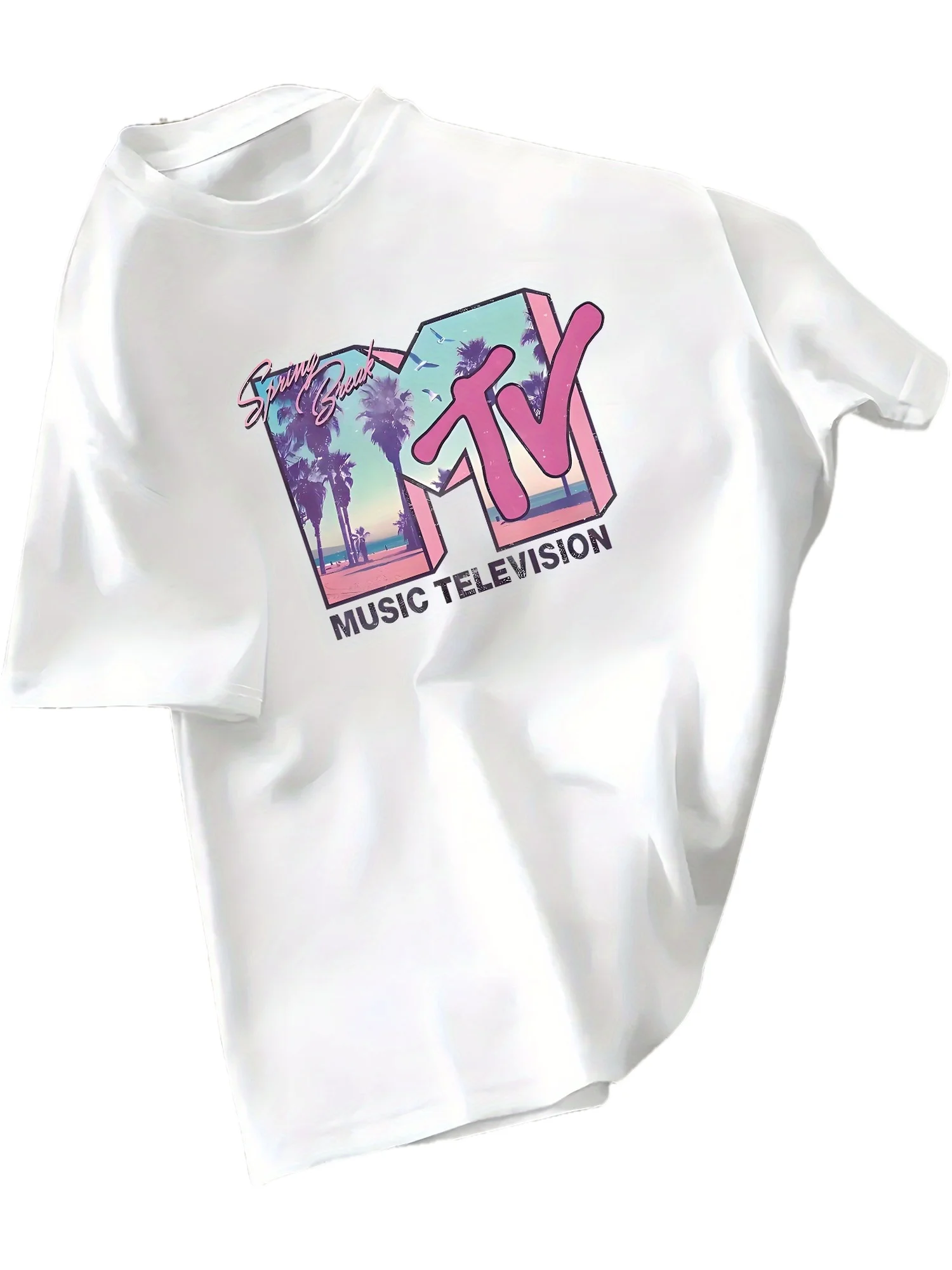 Men's Vintage MTV Graphic T-Shirt - Retro Music Television Tee with Palm Trees, Lightweight Green Shirt for Concerts, Parties