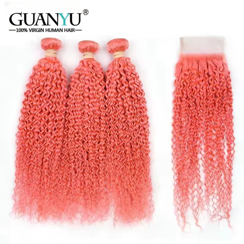 Pink Kinky Curly Human Hair Bundles with Closure Colored Brazilian Hair Sew In Wefts 3 Bundles with Lace Closure 4x4