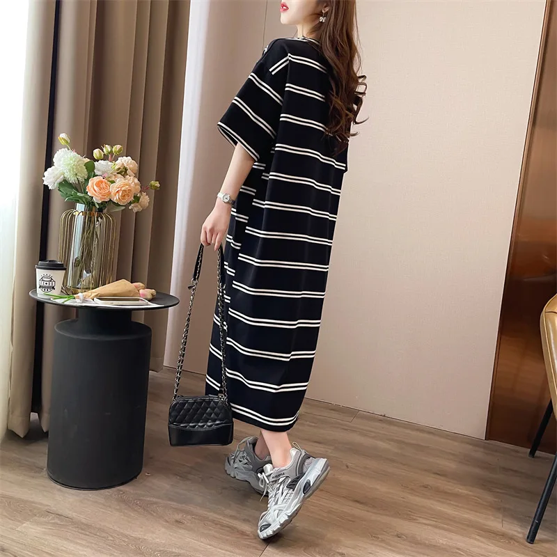 Summer New Korea Woman Long Dress Vestidos Robe Elbise Loose Plus Size Cotton Short Sleeve Black White Stripes Midi Dresses