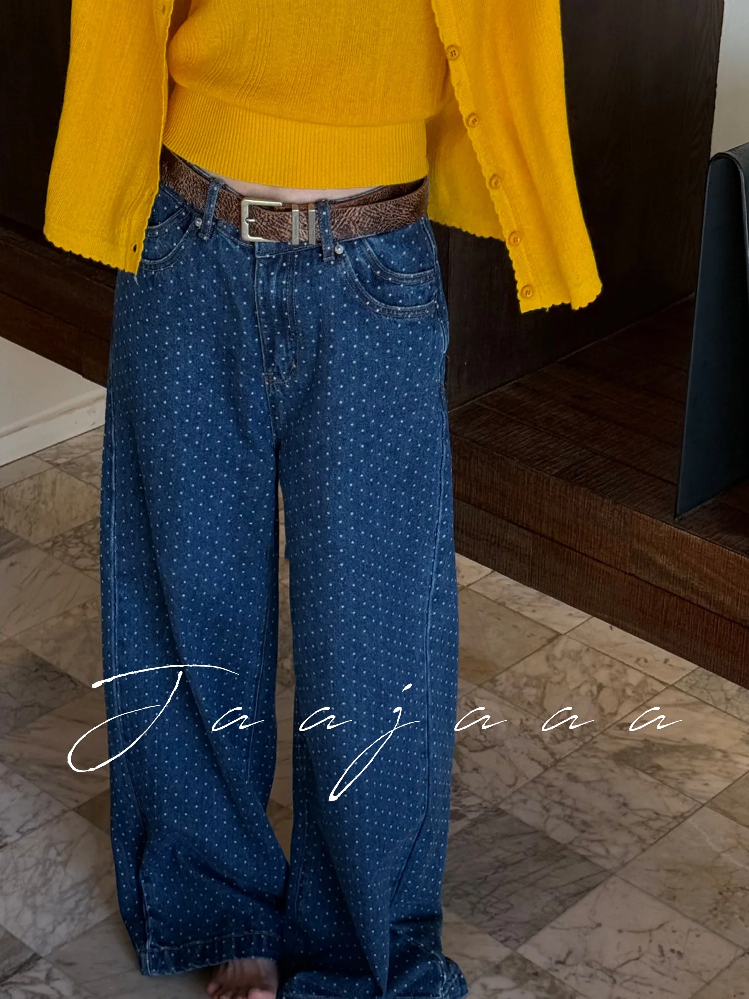 

Jaajaaa Casual Wide Leg Straight Blue Denim Pants Spring Season Street Retro Polka Dot Tin Blue Cotton Natural Waist Jeans