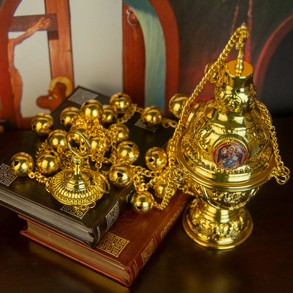 Best Selling Premium Polished Gold Hanging Incense Burner Floral Relief Round Enamel Cross Bell Design Orthodox Parade Censer